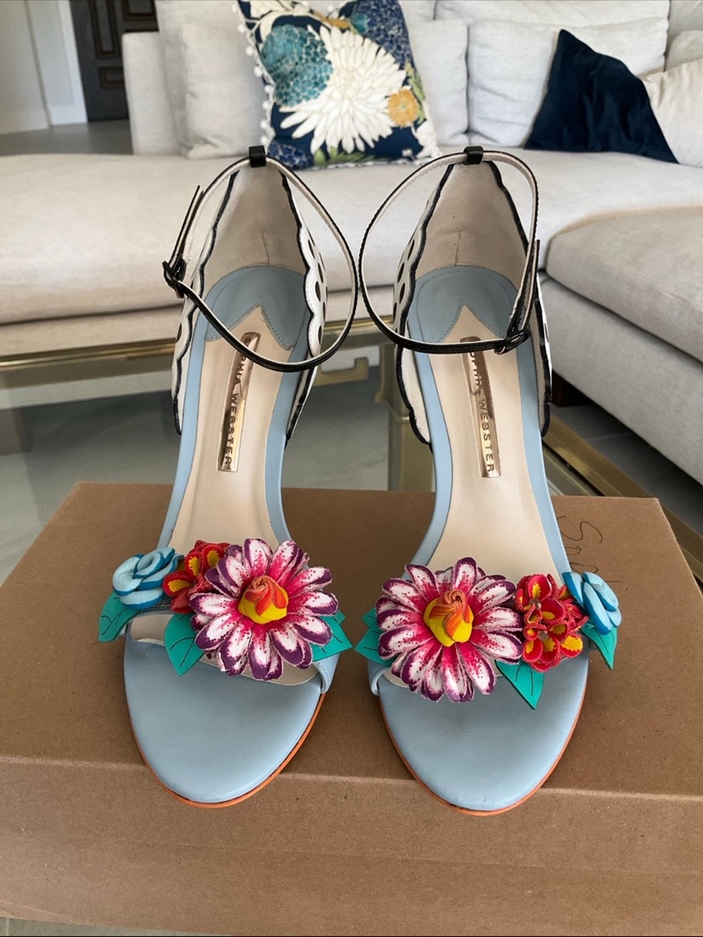 Sophia Webster Polka-dot Lilico blue, black white floral ankle strap Heels, 39 - Picture 4 of 12